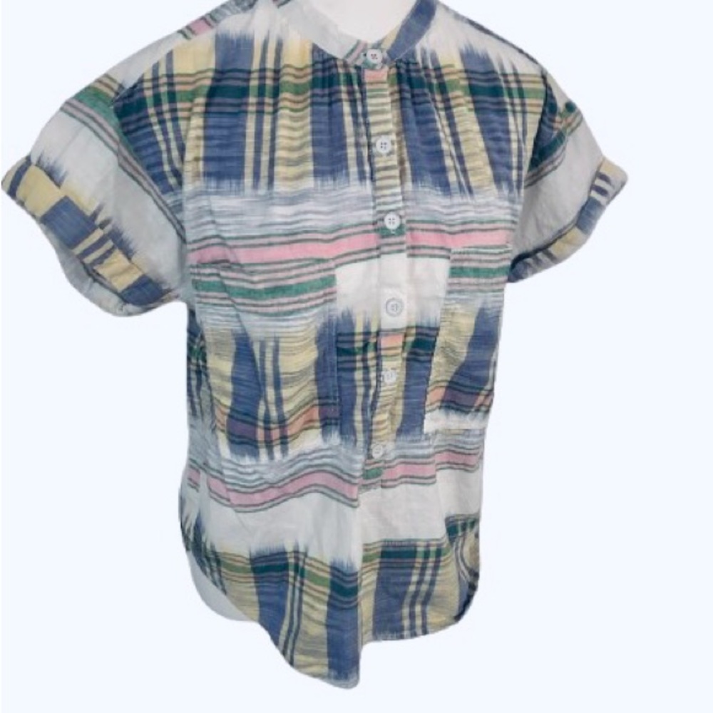 100% Cotton PILCRO Plaid Striped Shirt Top Blouse Short Sleeved Blue Yellow Pink